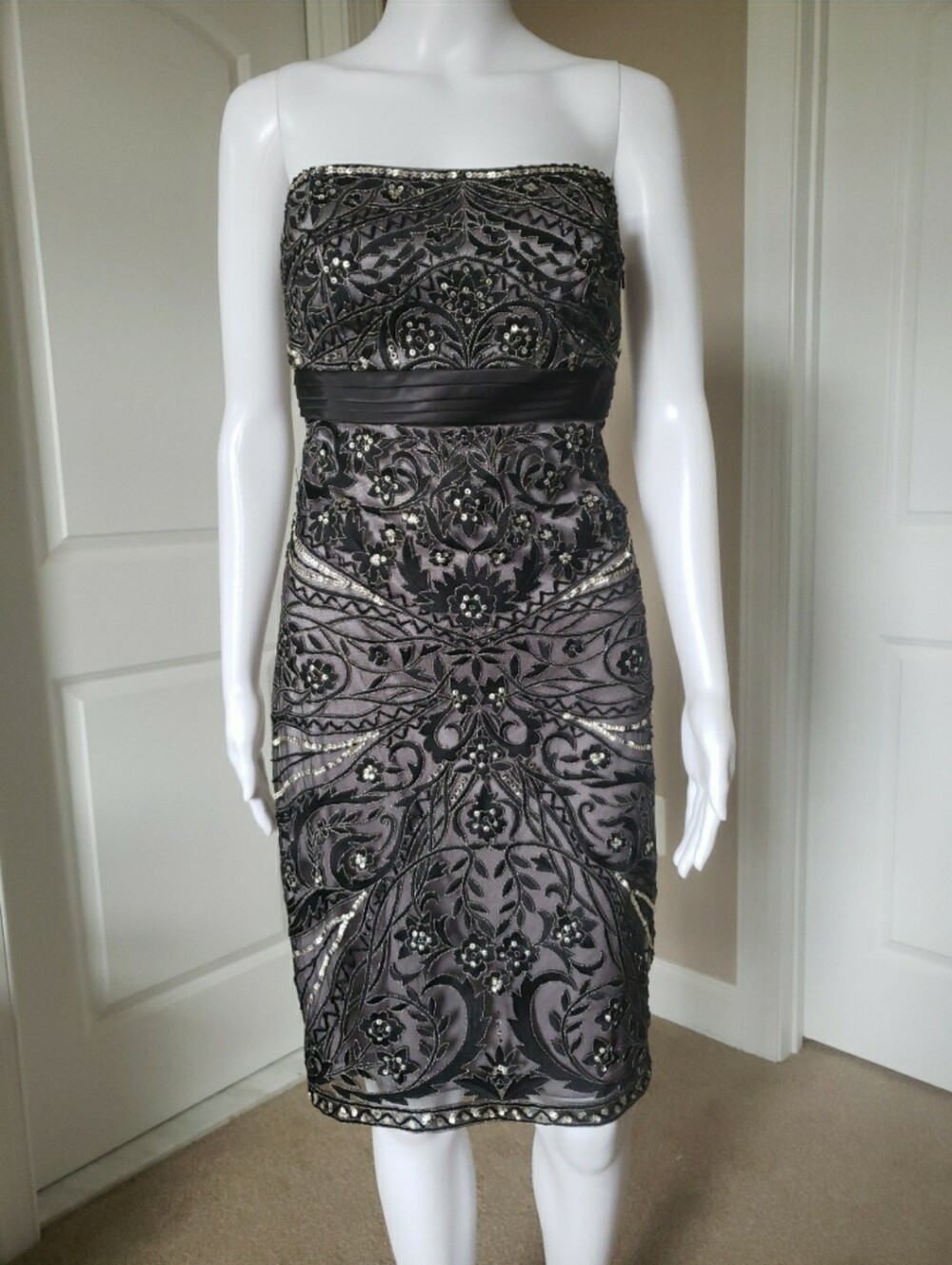 Sue Wong Strapless Black and Silver Embellished Cocktail Dress